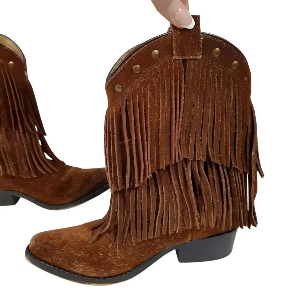 Smokey Mountain Boots Wisteria Cowgirl Boots Girls 1 Double Fringe Brown Suede